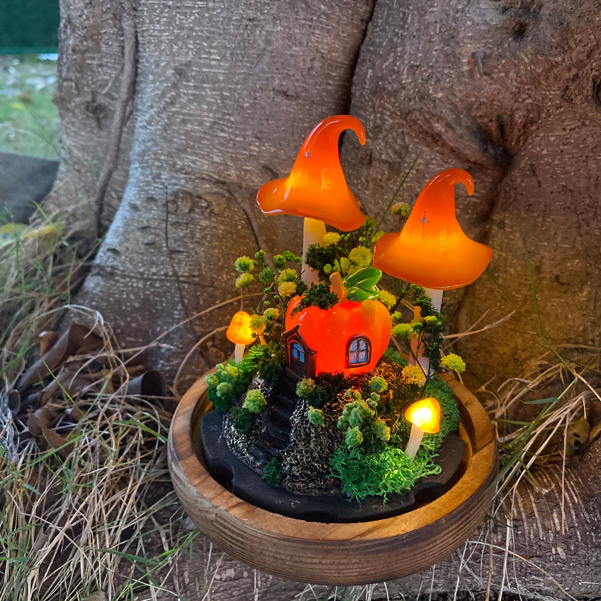 Enchanted Pumpkin Cottage Mushroom Lamp Fantasy Woodland Night Light Orange Glow Magic original gallery image 5