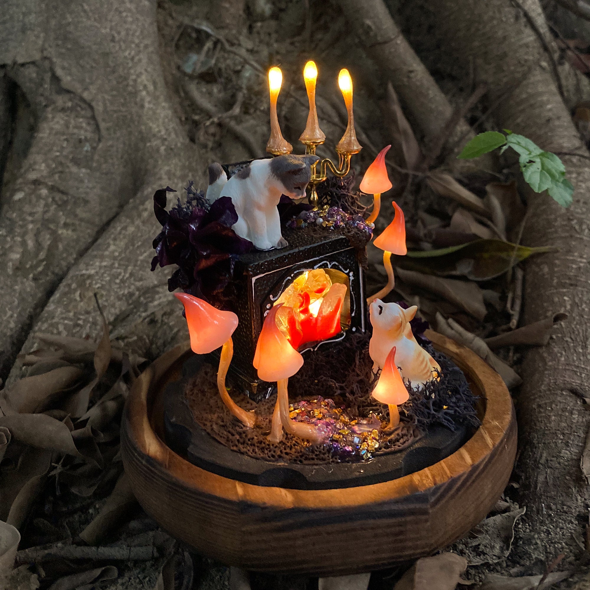 Handmade Mushroom Table Lamp Glowing Crystal Miniature Fireplace Unique Fantasy Night original gallery image 5