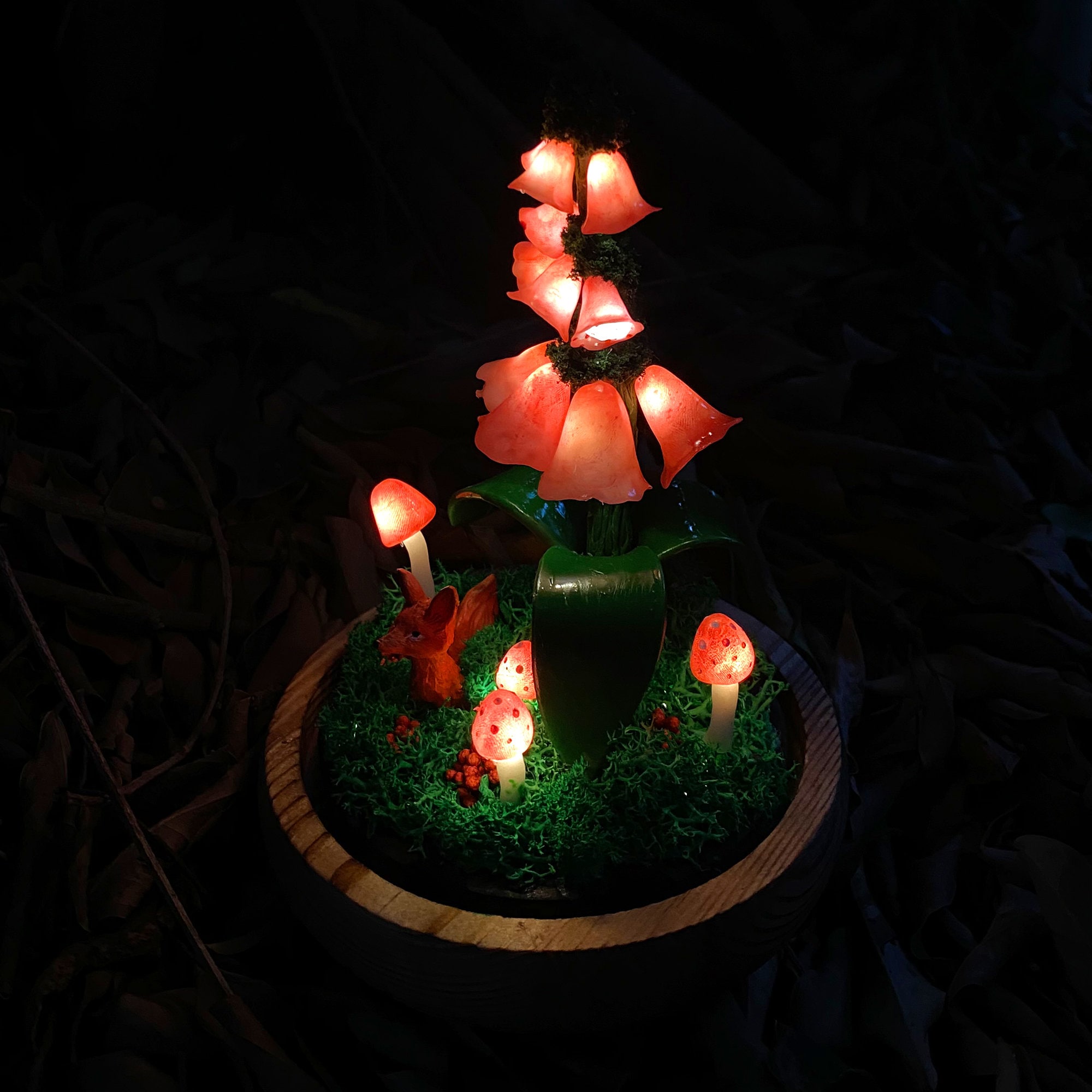 Handmade Foxgloves Light Glowing Mushroom Night Light Flower Lamp with Cute Red Fox original gallery image 5