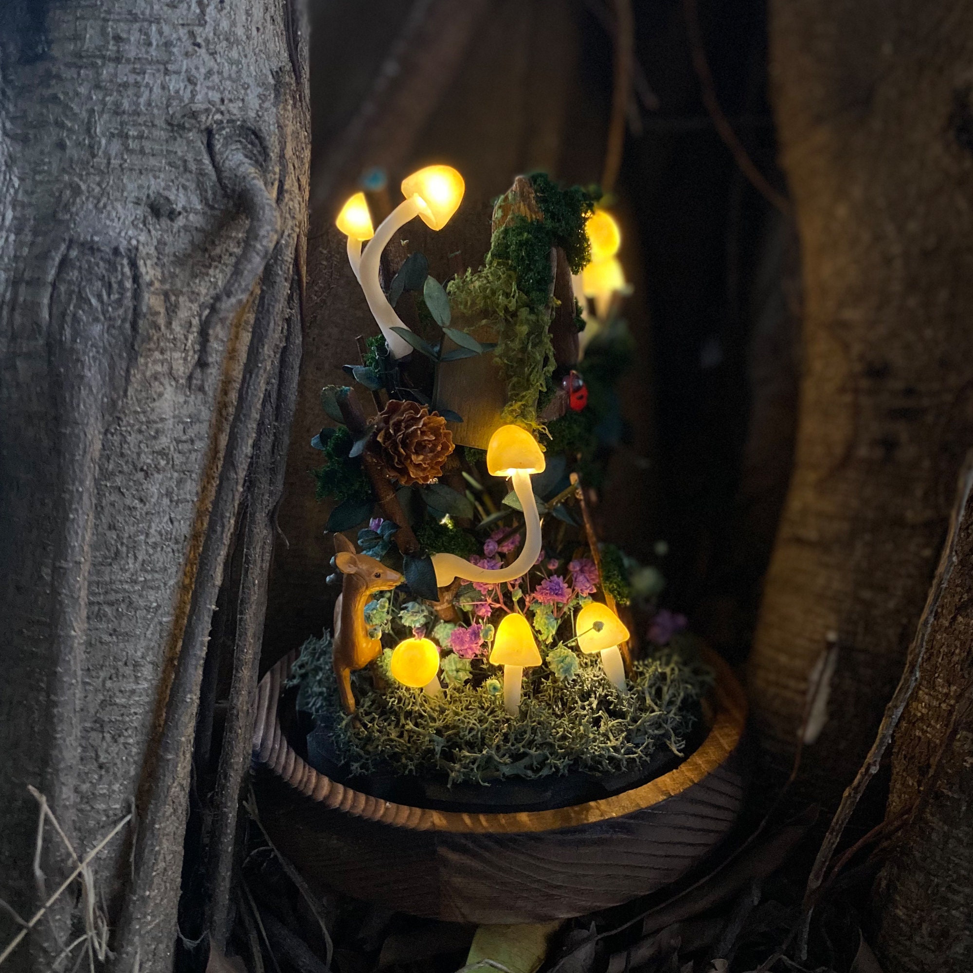 Cute Deer and Mushroom Night Light with Ladybug & Treehouse Handmade Glowing Mushroom original gallery image 6