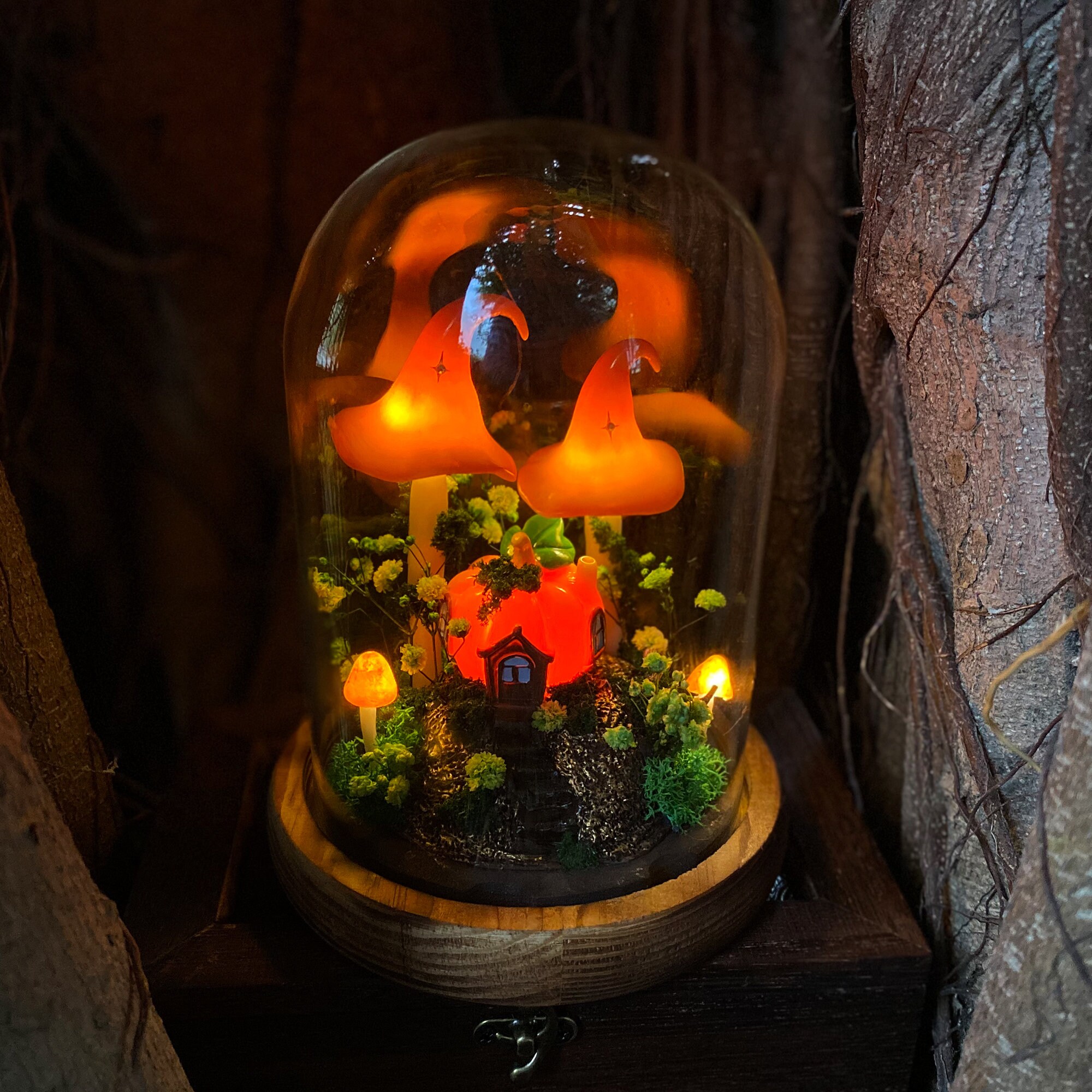 Enchanted Pumpkin Cottage Mushroom Lamp Fantasy Woodland Night Light Orange Glow Magic original gallery image 6