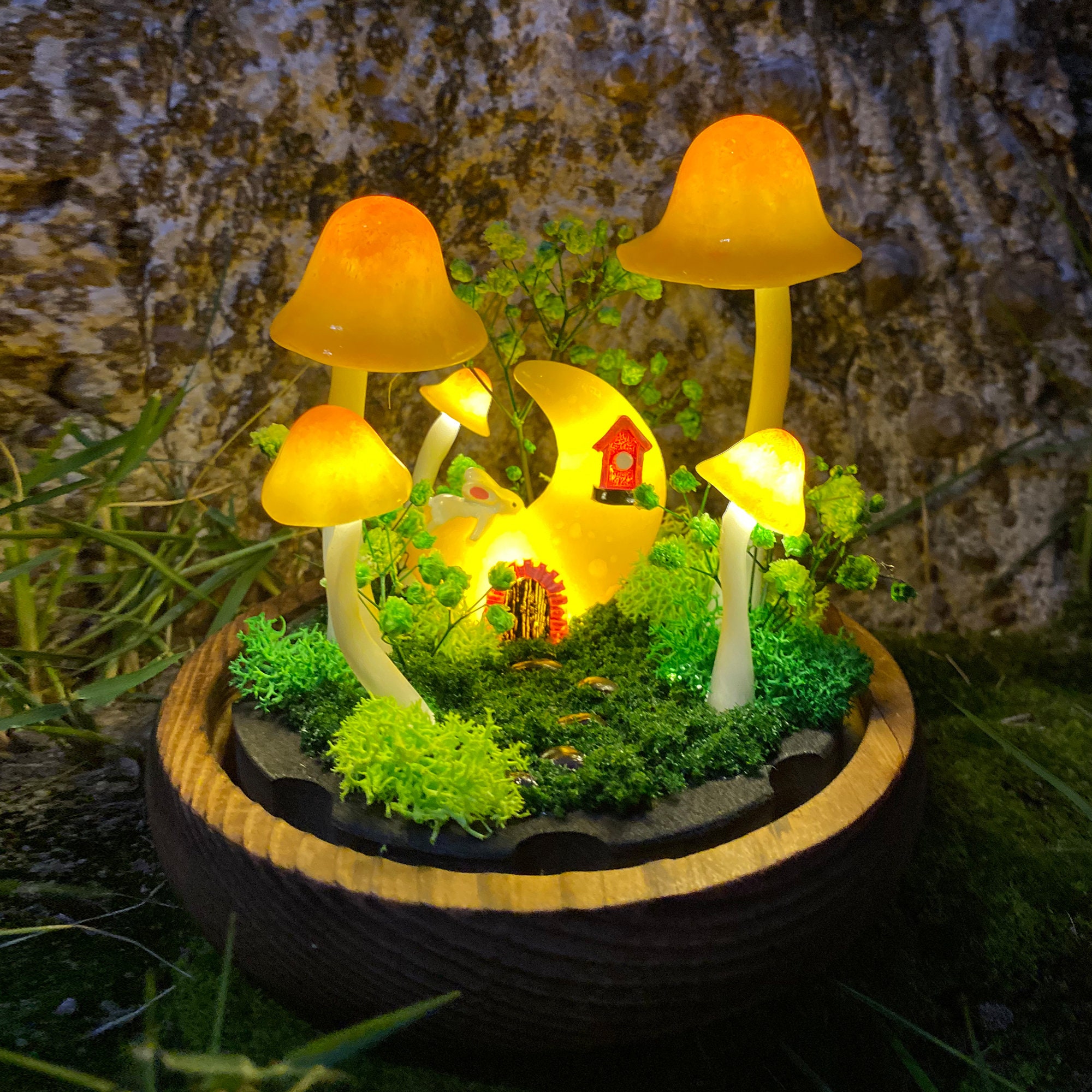 Handmade Fantasy Mushroom Lamp Glowing Moon Cottage & Cute Bunny Mushroom Nightlight original gallery image 6