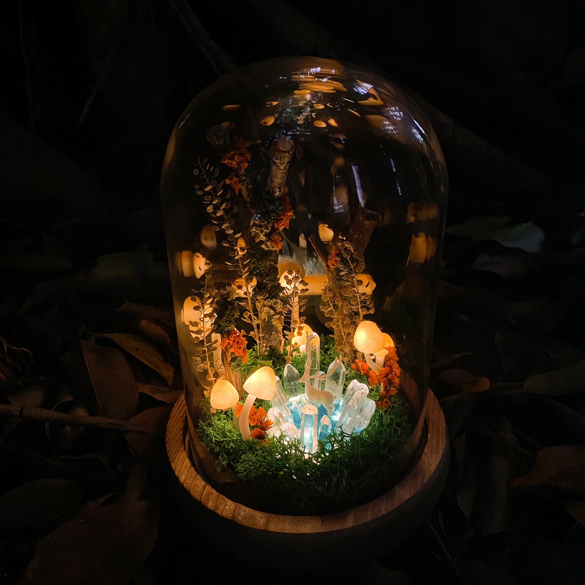 Handmade Glowing Mushroom Lamp with Magic Crystal and White Deer in the Mystery Lake original gallery image 6