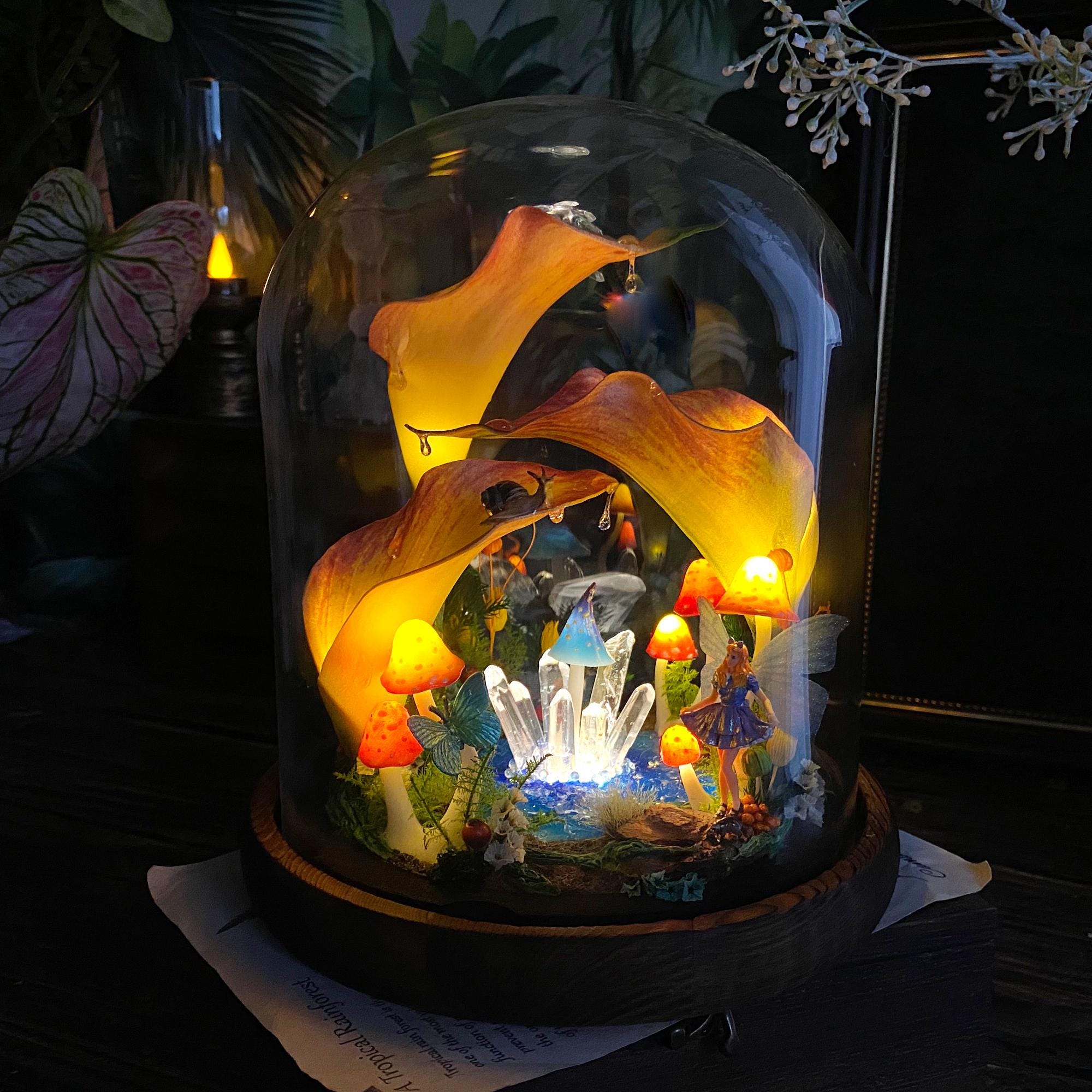Enchanted Calla Lily Lamp, Handmade Large Mushroom Lamp with Fairy & Crystal, Alice in original gallery image 6