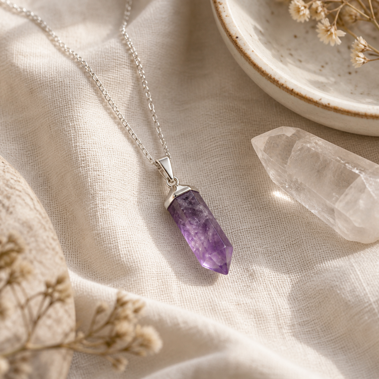 Amethyst Point Necklace in Sterling Silver in a warm lifestyle setting