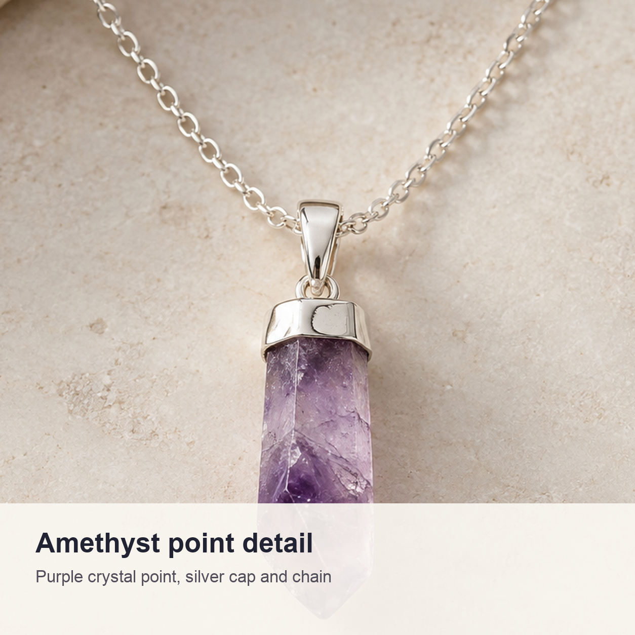 Close detail of Amethyst Point Necklace in Sterling Silver natural crystal and metal accents