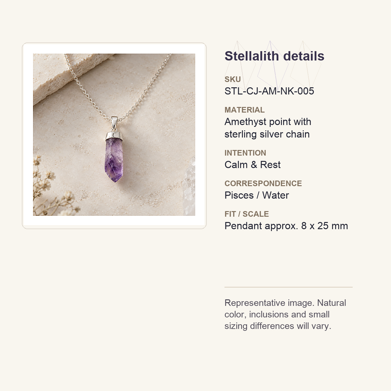 Stellalith details card for Amethyst Point Necklace in Sterling Silver