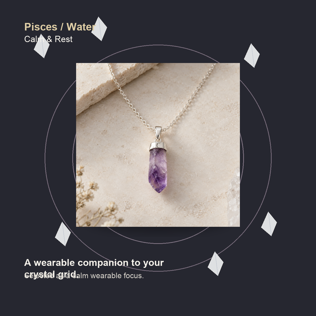 Amethyst Point Necklace in Sterling Silver as a companion to a Stellalith crystal grid