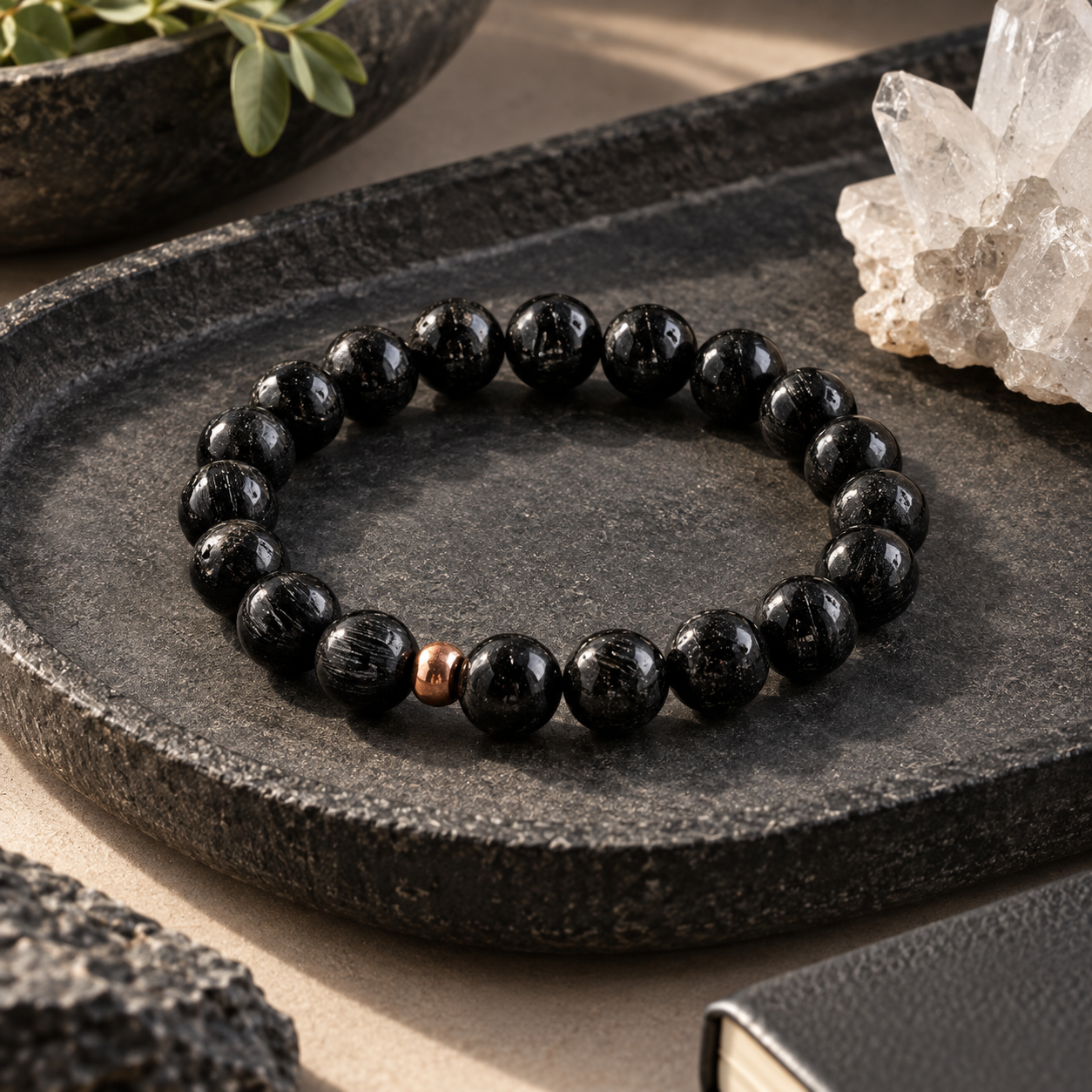 Black Tourmaline Bead Bracelet in a warm lifestyle setting