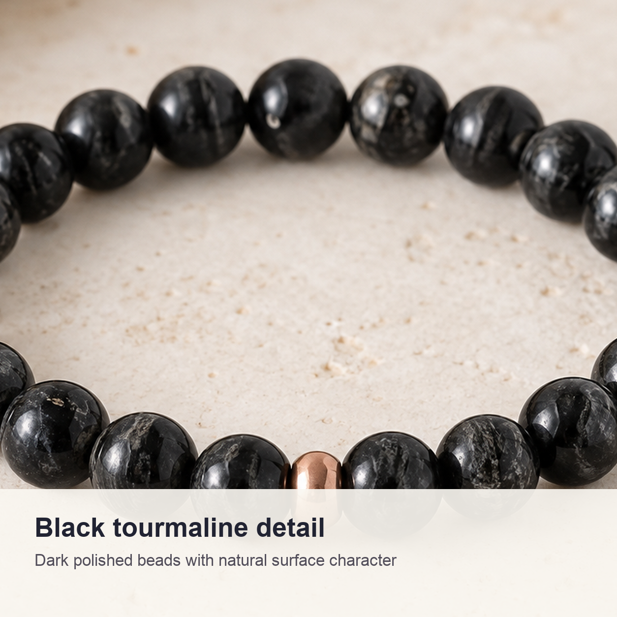 Close detail of Black Tourmaline Bead Bracelet natural crystal and metal accents