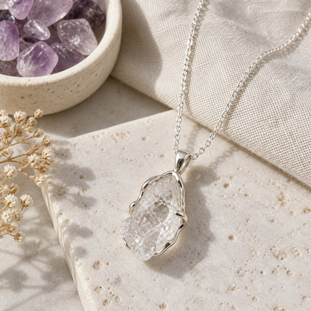 Raw Clear Quartz Necklace in Sterling Silver in a warm lifestyle setting