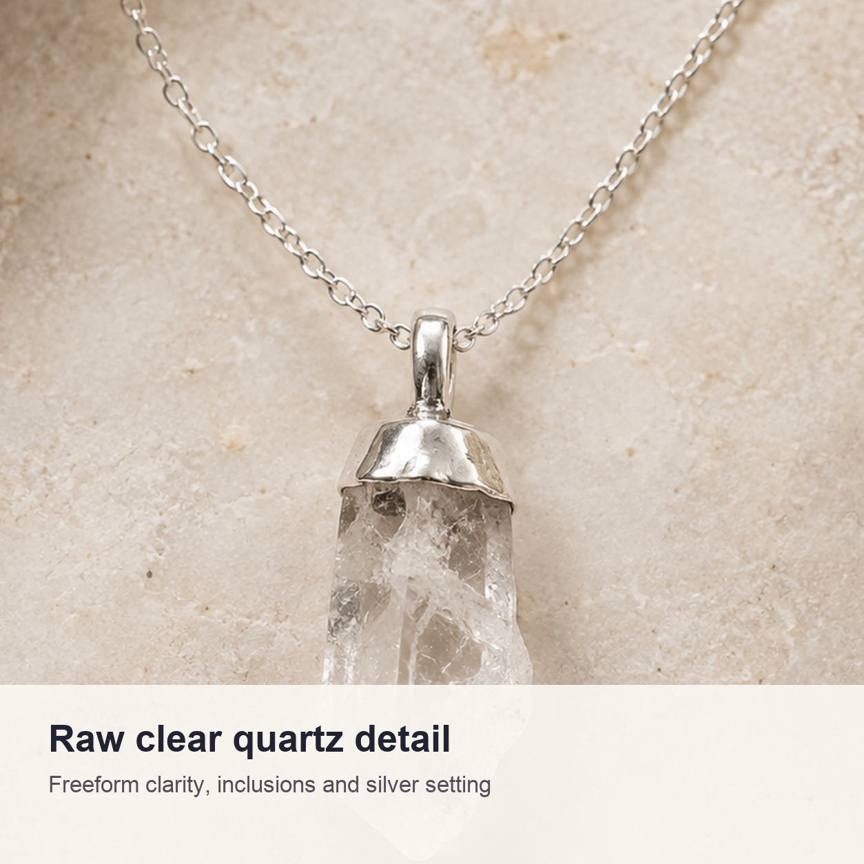 Close detail of Raw Clear Quartz Necklace in Sterling Silver natural crystal and metal accents