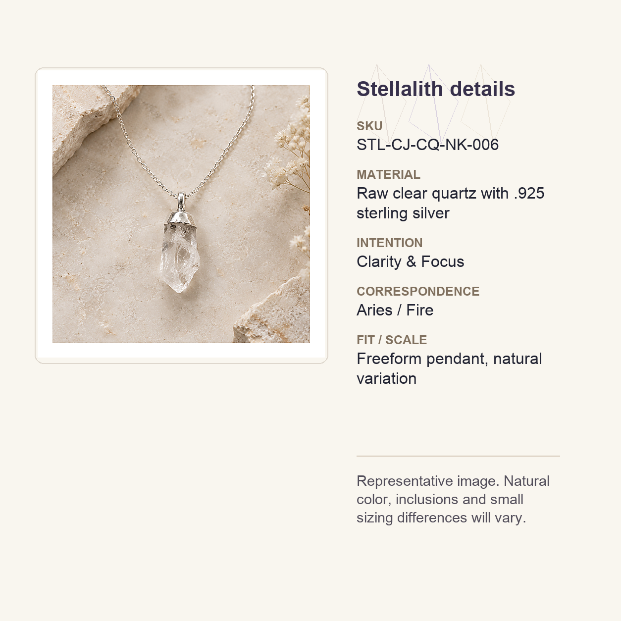 Stellalith details card for Raw Clear Quartz Necklace in Sterling Silver