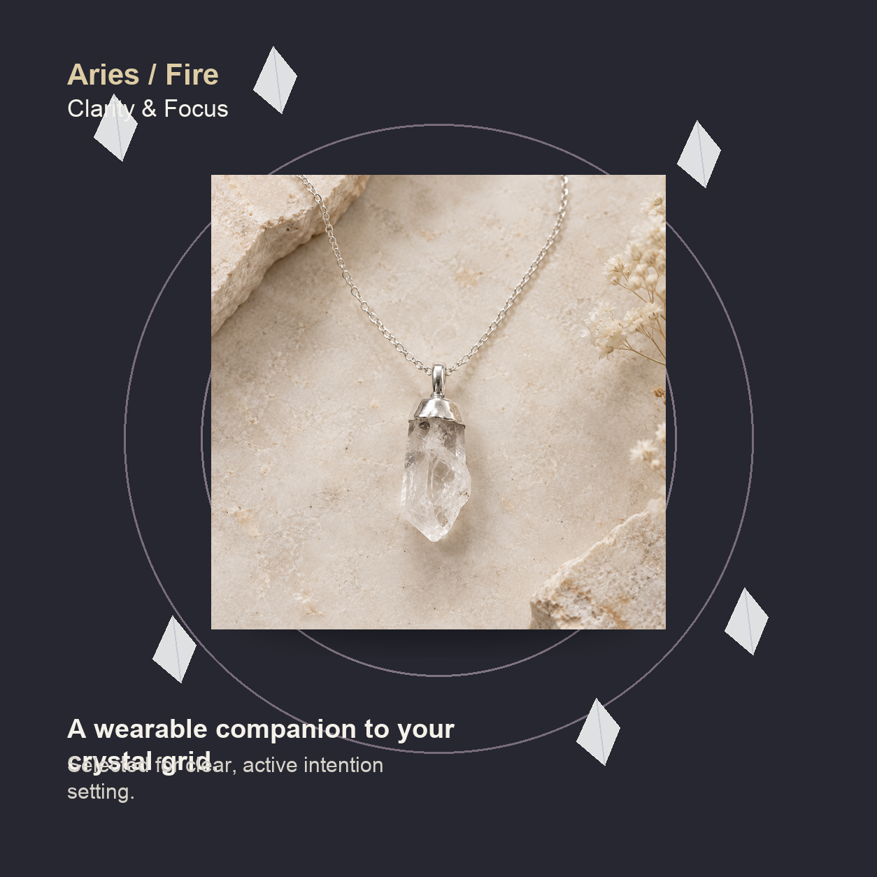Raw Clear Quartz Necklace in Sterling Silver as a companion to a Stellalith crystal grid