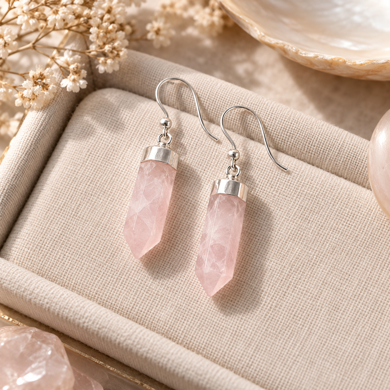 Rose Quartz Point Earrings in Sterling Silver in a warm lifestyle setting