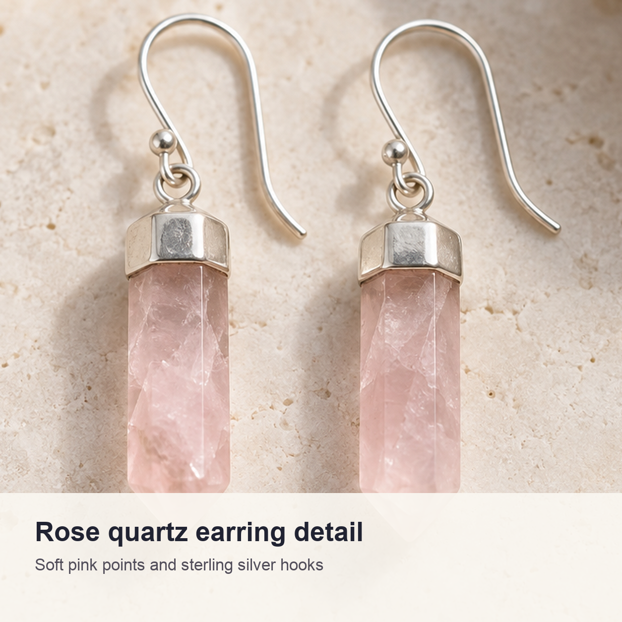 Close detail of Rose Quartz Point Earrings in Sterling Silver natural crystal and metal accents