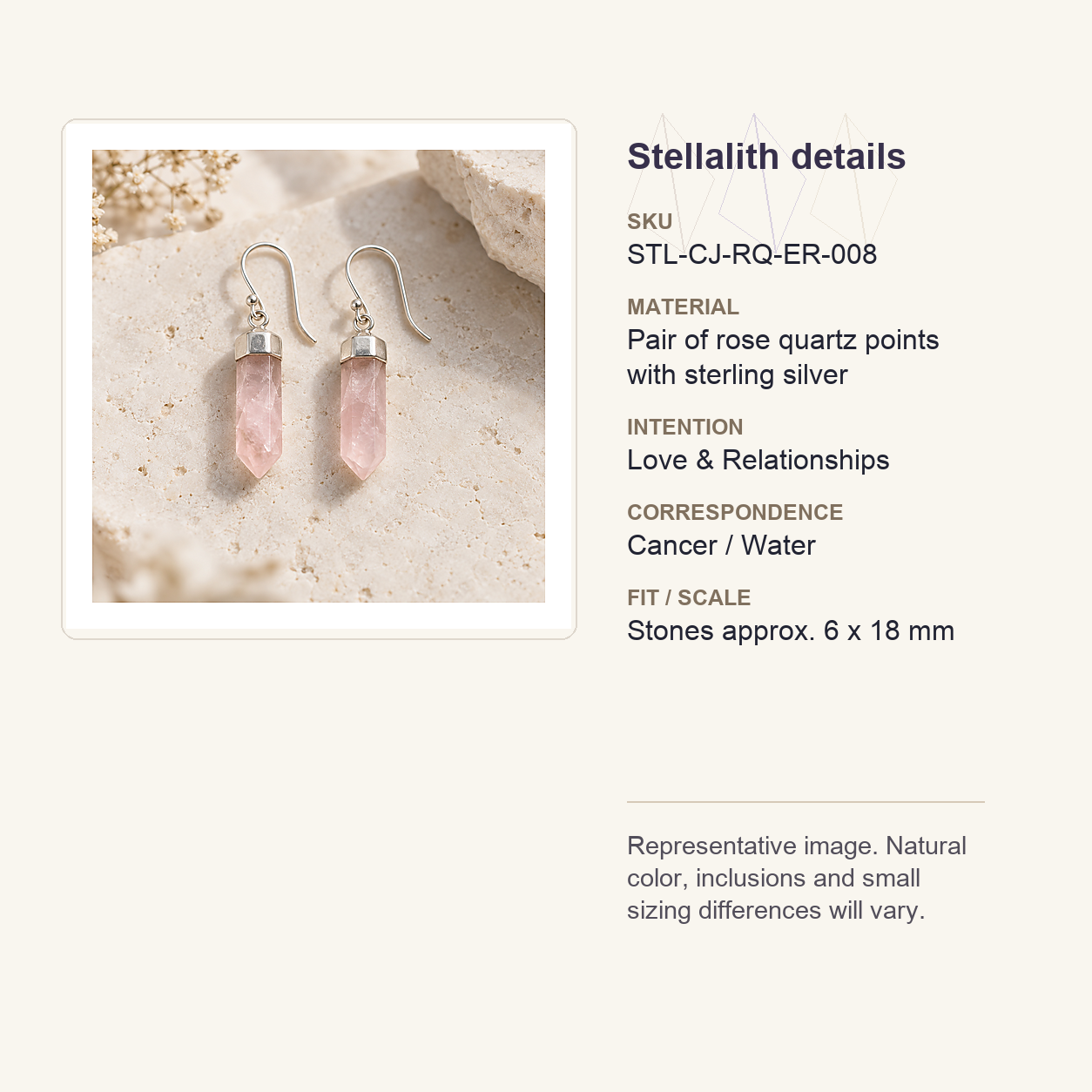 Stellalith details card for Rose Quartz Point Earrings in Sterling Silver