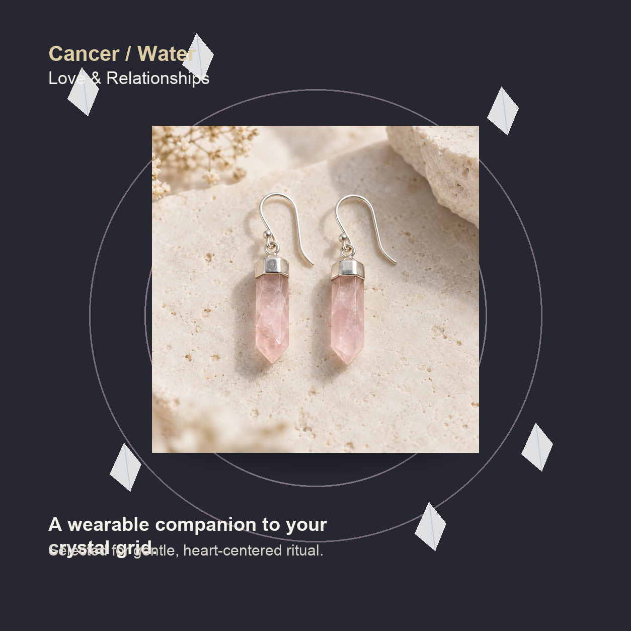 Rose Quartz Point Earrings in Sterling Silver as a companion to a Stellalith crystal grid