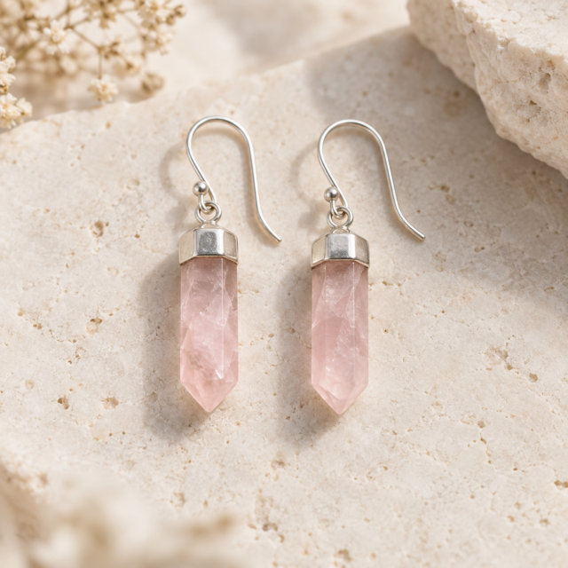 Rose Quartz Point Earrings in Sterling Silver - representative Stellalith crystal jewelry image